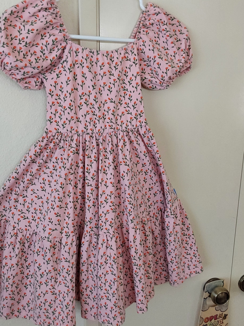 Girls Pink Floral Puff-Sleeve Tiered Casual Dress